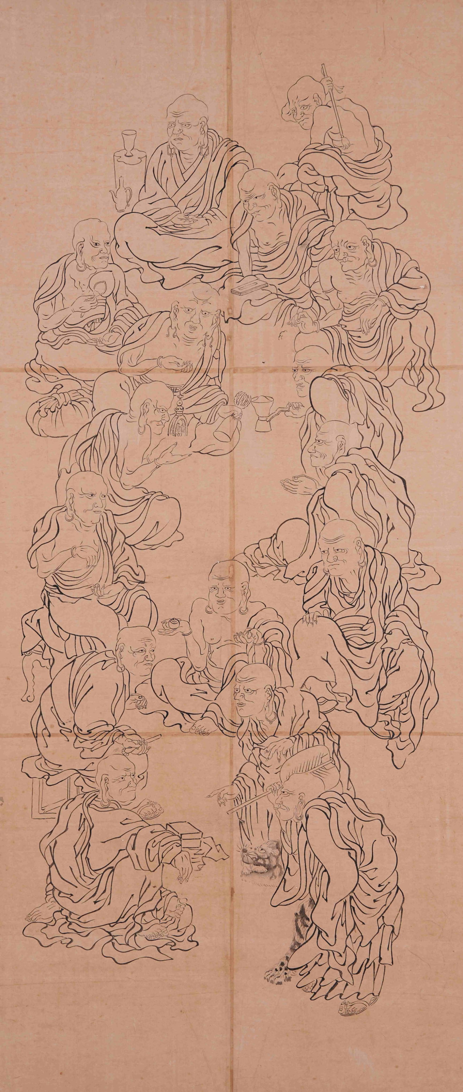 VERTICAL SCROLL LINE DRAWING OF SIXTEEN ARHATS, ANONYMOUS: Anonymous Vertical Scroll Line Drawing of the Sixteen Arhats, ink on paper. This work portrays the sixteen arhats entirely through monochrome line drawing. The arhats adopt varied postures: some sit m