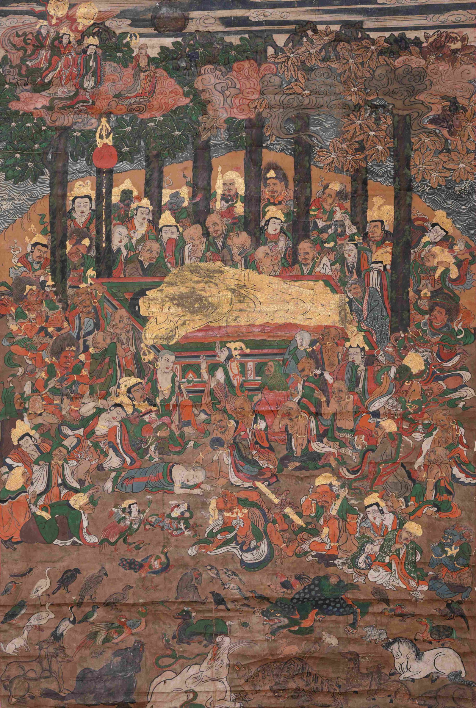 MIRROR HEART HEAVY-COLOR BUDDHIST PAINTING OF BUDDHA'S NIRVANA, ANONYMOUS: Heavy-color religious figure painting depicting the classic scene of Shakyamuni Buddha's Parinirvana. At the center of the painting, the Buddha lies sideways covered with a golden blanket beneath two 