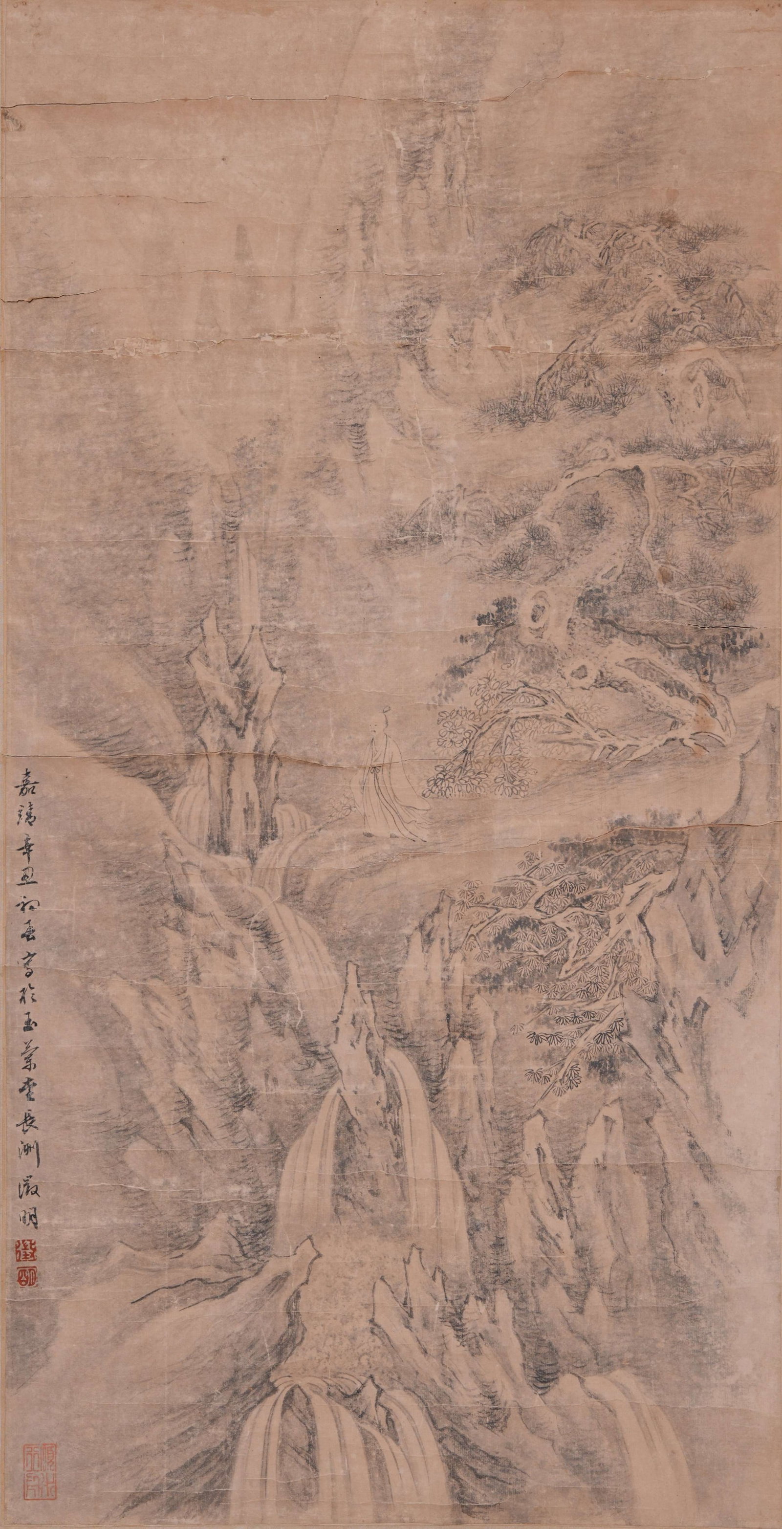VERTICAL SCROLL INK ON PAPER VIEWING WATERFALL BY WEN ZHENGMING, MING DYNASTY: Vertical Scroll Viewing the Waterfall by Wen Zhengming of the Ming Dynasty, ink on paper, a classic small landscape painting of the Wu School. Layered cliff faces stretch across the painting, with a c