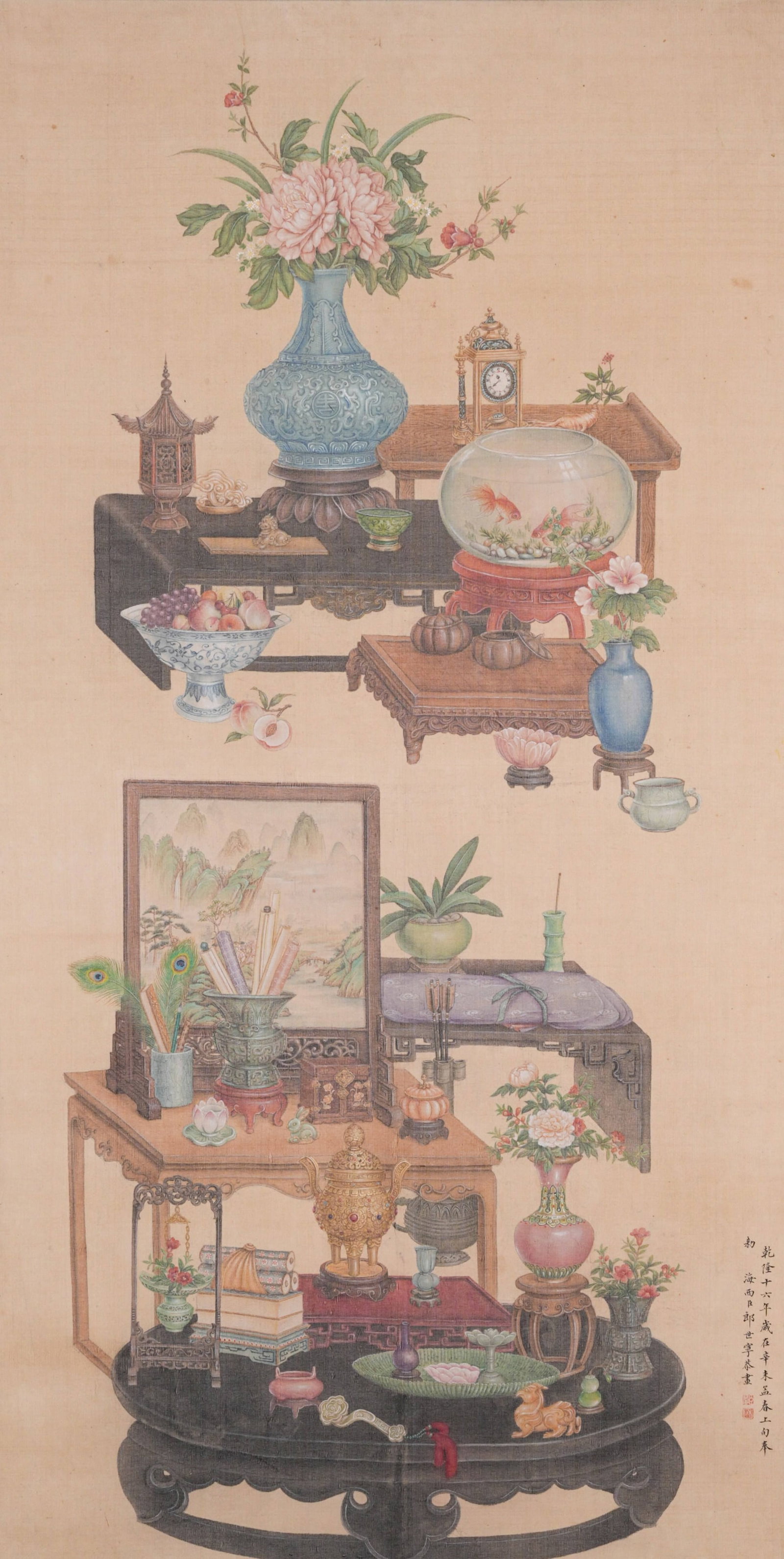 ANTIQUE CURIO PAINTINGS ON SILK BY GIUSEPPE CASTIGLIONE, QING DYNASTY: This painting is an imperial court work of the Qing Dynasty, colored on silk. Created in Giuseppe Castiglione's integrated Sino-Western realistic painting style, it depicts antique furnishings inside 