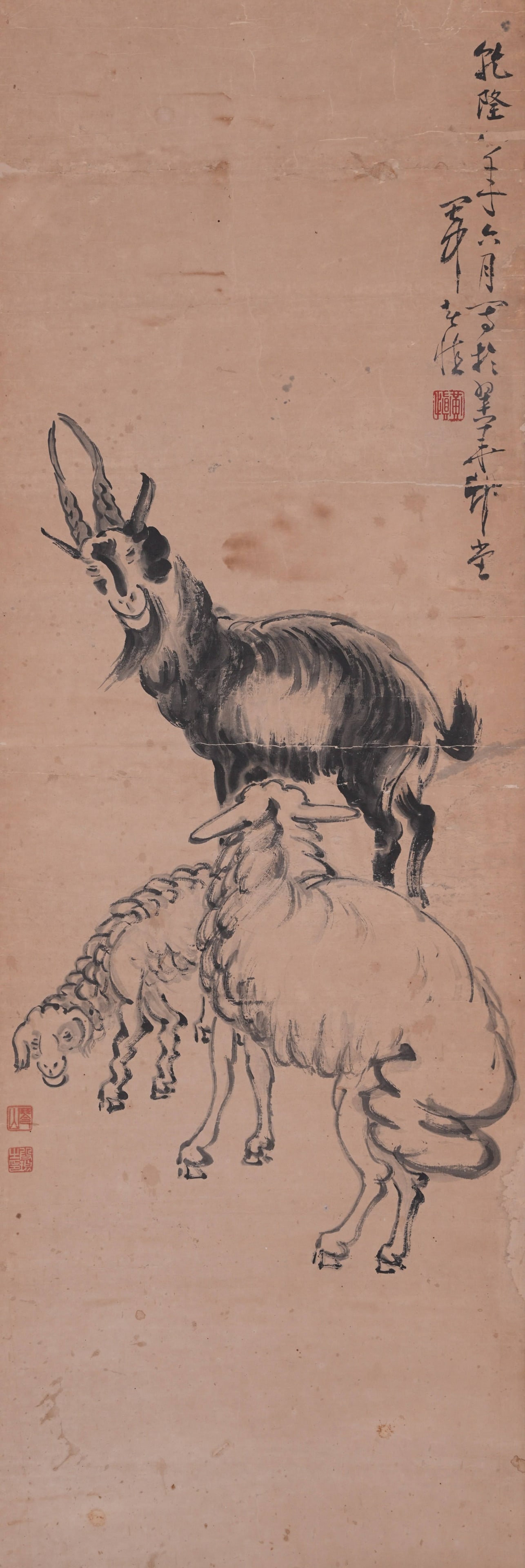 VERTICAL SCROLL INK ON PAPER THREE RAMS HERALDING AUSPICIOUSNESS BY HUANG SHEN, QING DYNASTY: Vertical Scroll Three Rams Bring Bliss by Huang Shen, ink on paper, depicting the auspicious traditional motif of three rams ushering in prosperity. The three rams in the painting feature distinct pos