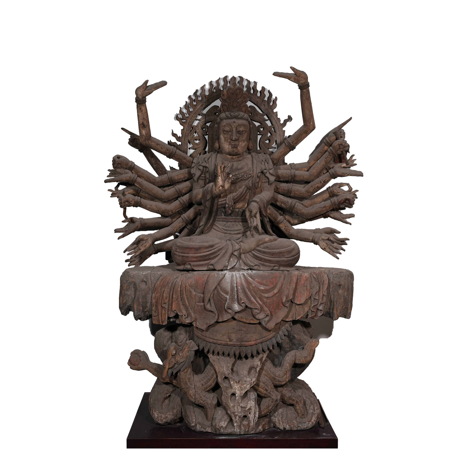 PAINTED WOOD CARVED STATUE OF THOUSAND-HAND GUANYIN, QING DYNASTY: Wooden Seated Statue of Thousand-Hand Guanyin, Qing Dynasty, overall height 158 centimeters with a grand imposing size. The Bodhisattva sits in full lotus posture, thousands of hands spread out in nea