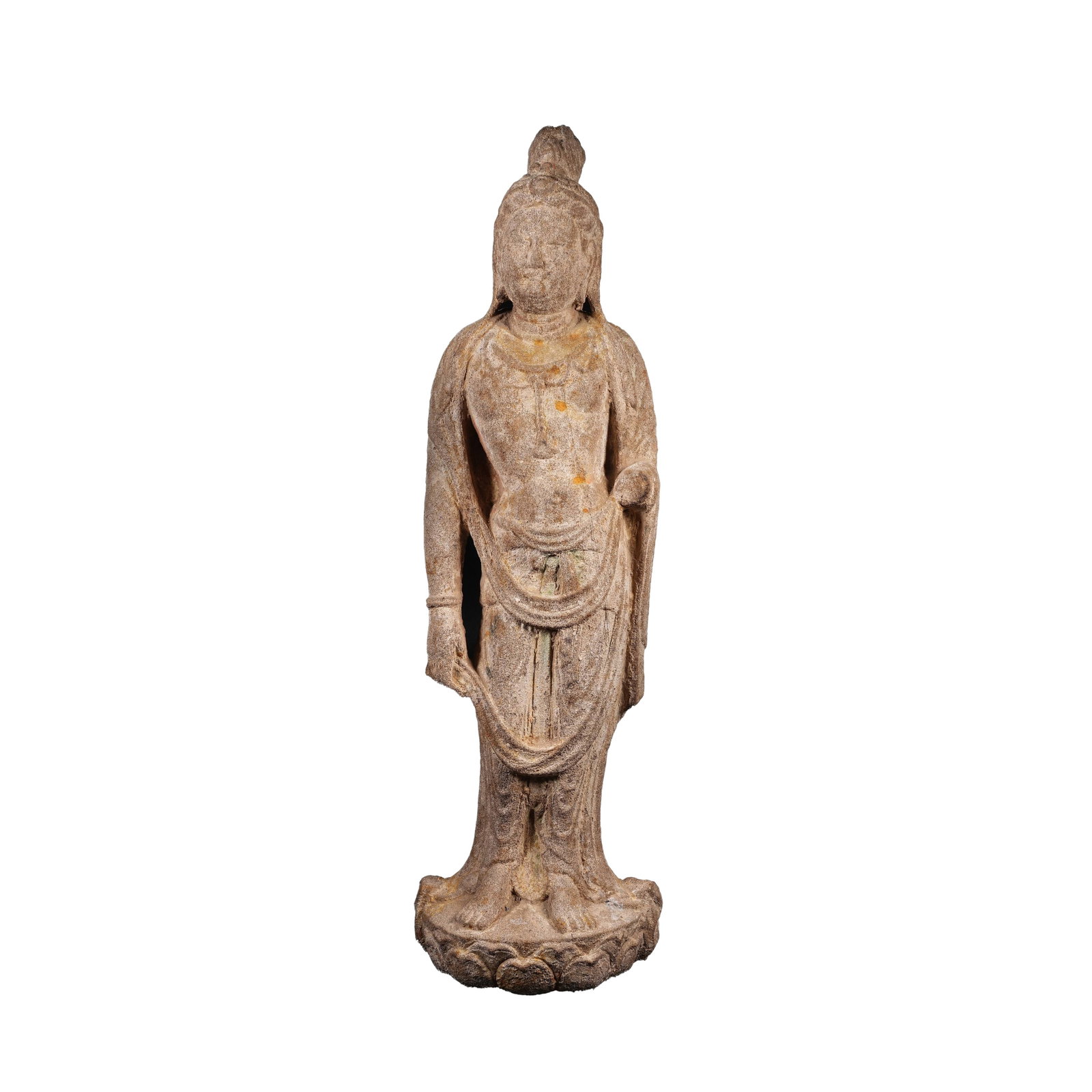 SANDSTONE STANDING STATUE OF GUANYIN BODHISATTVA, NORTHERN QI DYNASTY: Sandstone Standing Statue of Guanyin, Northern Qi Dynasty. The figure boasts a slender and graceful figure adorned with a simple jeweled crown. Streamers and jade necklaces are carved in concise, flui
