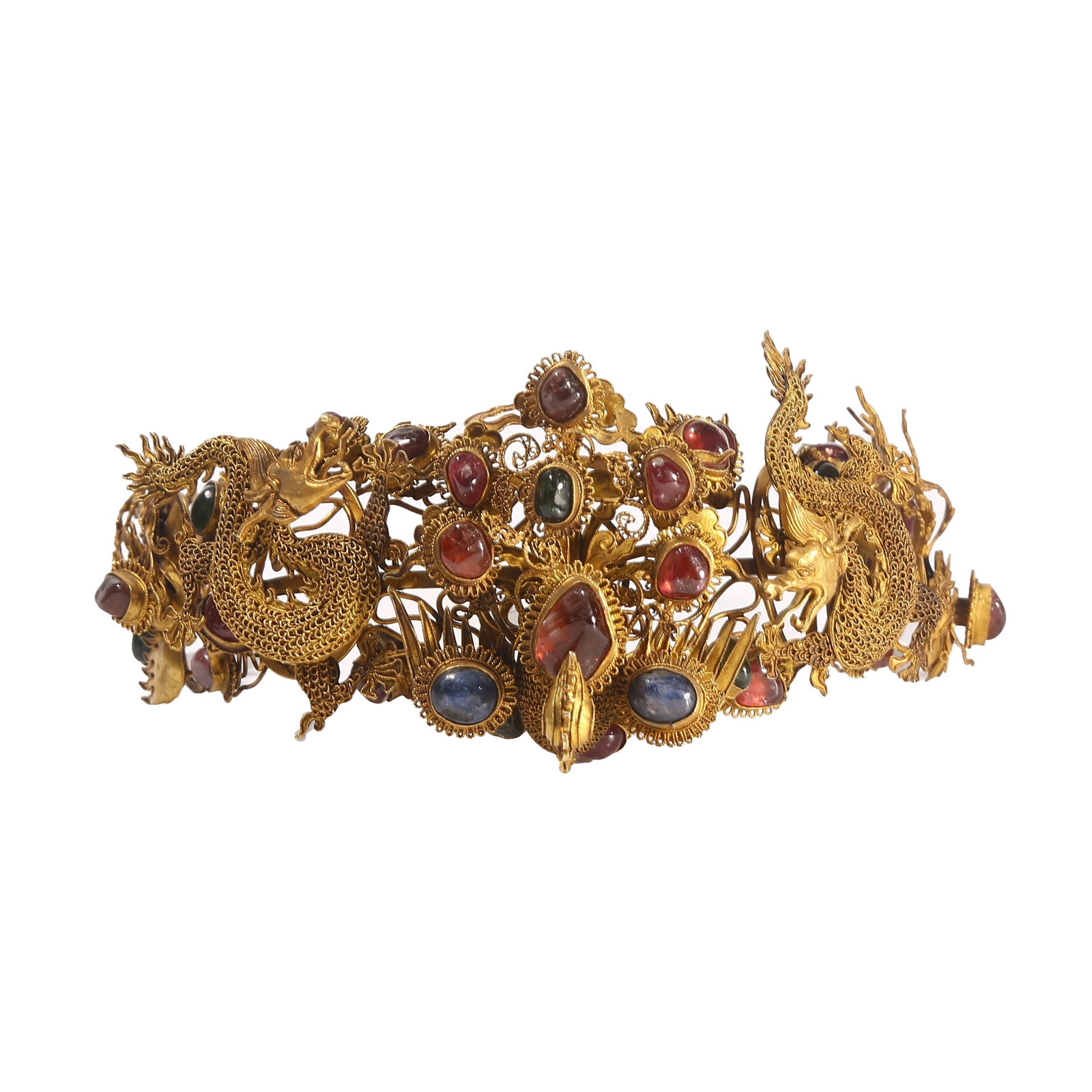 GILT SILVER GEM-INLAID HAIRPIN WITH DRAGON AND PHOENIX PATTERNS, QING DYNASTY: This hairpin ornament was exclusively worn by imperial consorts in the Qing court. Crafted of solid gold filigree carved with twin dragon motifs and inlaid with multicolored gemstones all over, it fea