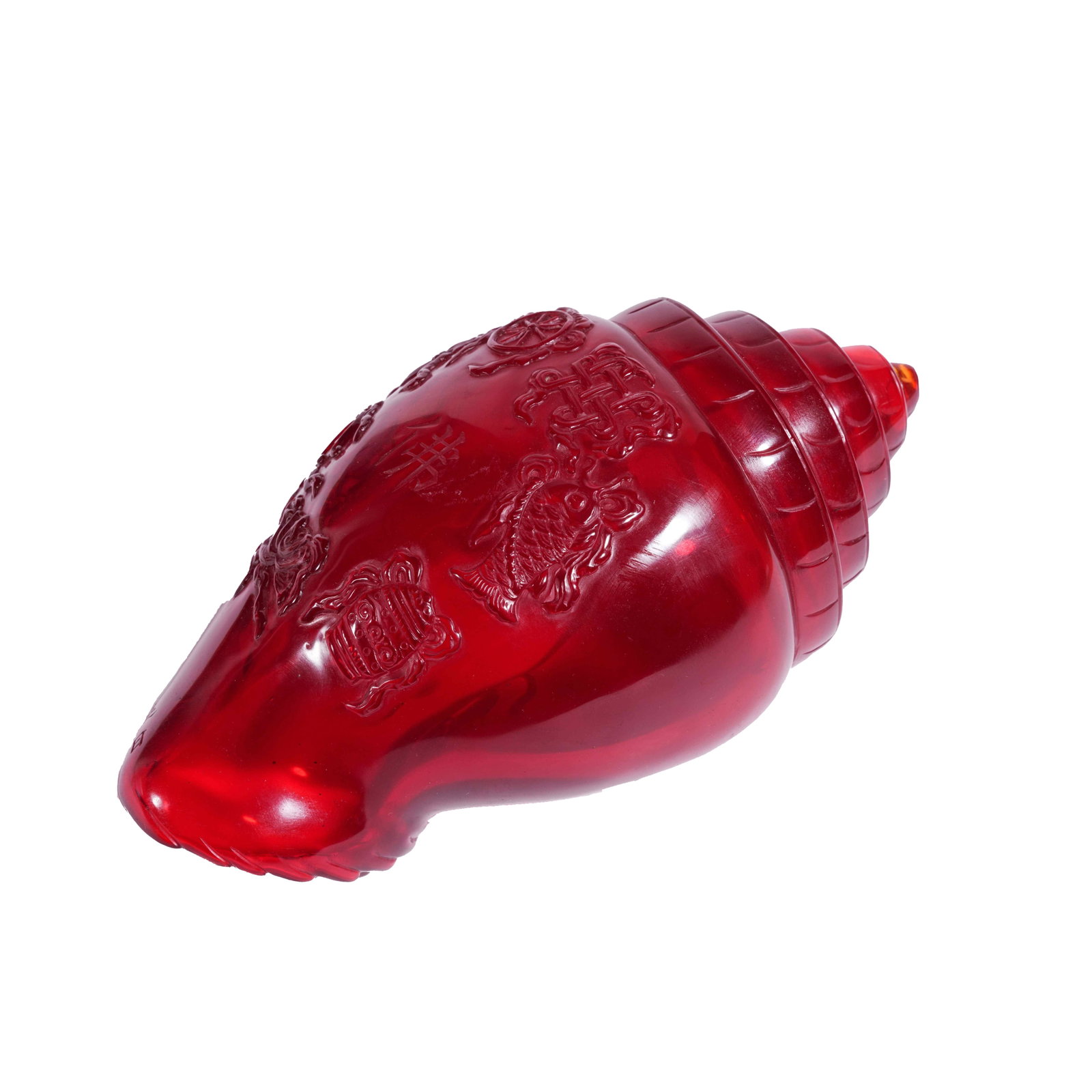 RUBY GLASS RELIEF CONCH INLAID WITH EIGHT TREASURES, GENGYIN YEAR OF QIANLONG REIGN, QING DYNASTY: Imperial Ruby Glass Conch for Buddhist Worship Presented to Foguang Temple on Wutai Mountain on Buddha's Birthday in the Gengyin Year of the Qianlong Reign of the Qing Dynasty, a paramount imperial gi
