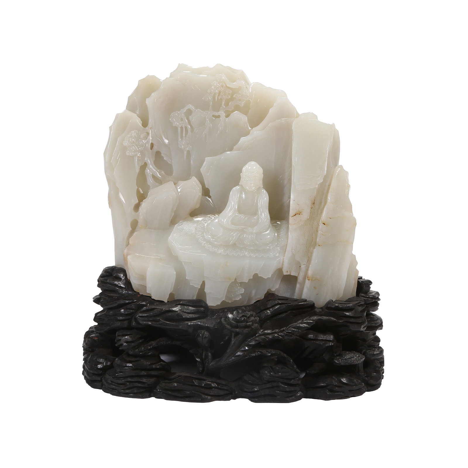 HETIAN WHITE JADE MOUNTAIN ORNAMENT OF BODHIDHARMA ACHIEVING ENLIGHTENMENT, QING DYNASTY: This imperial jade carving for palace display dates to the Qing Dynasty. Carved from smooth, creamy white Hetian jade following the stone's natural shape, it depicts the scene of Bodhidharma comprehen