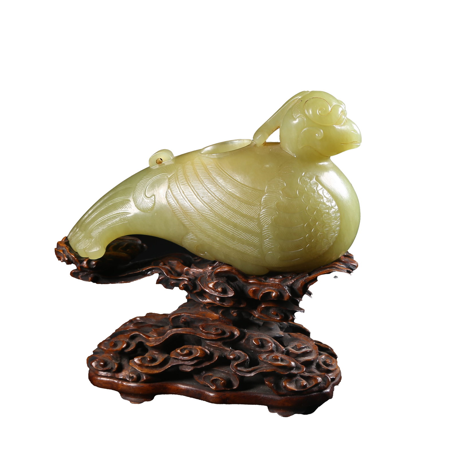 WATER BASIN CARVED WITH AUSPICIOUS BIRDS, HETIAN TOPAZ JADE, QING DYNASTY: This elegant stationery artifact was exclusively used in the Qing imperial palace, carved from rare yellow Hetian jade with smooth texture and pure color. The antique and lively auspicious bird is ado