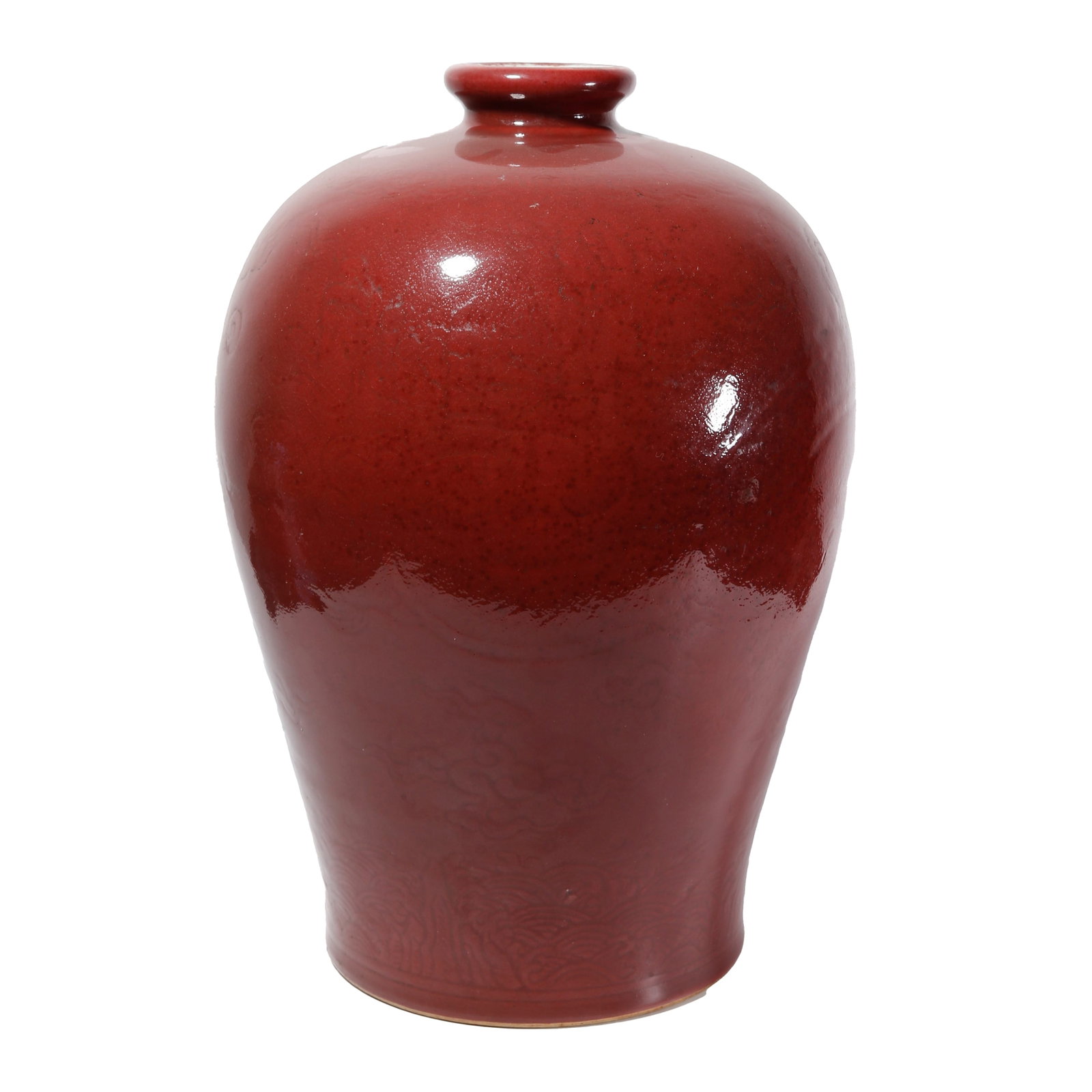 SACRIFICIAL RED GLAZE PLUM VASE WITH SECRETLY CARVED SEA WAVE AND DRAGON PATTERNS, XUANDE PERIOD, (1 of 10)