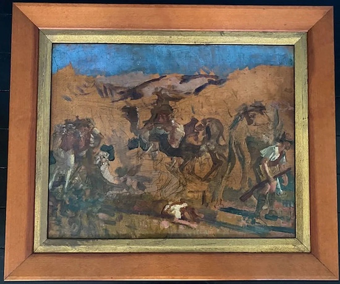 'G W LAMBERT' (AUSTRALIAN,1873-1930) OIL STUDY ON BOARD OF THE AUST CAMEL CORPS IN PALESTINE C.1917: 'G W Lambert' (Australian,1873-1930) Oil Study on Board of the Aust Camel Corps in Palestine c.1917