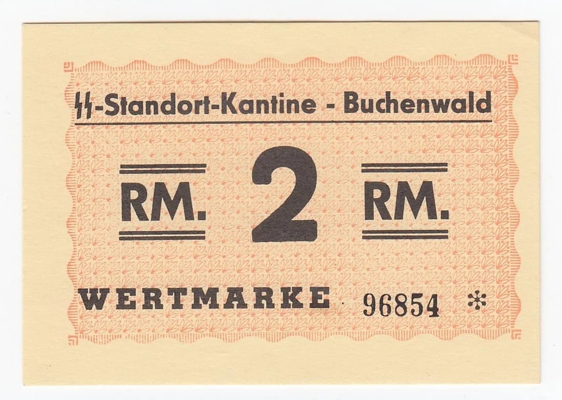 WWII - BUCHENWALD (GERMANY) CONCENTRATION CAMP 2 REICHSMARK ND (1937- 45) UNCIRCULATED OPQ: WWII - Buchenwald (Germany) Concentration Camp 2 Reichsmark ND (1937- 45) Uncirculated OPQ