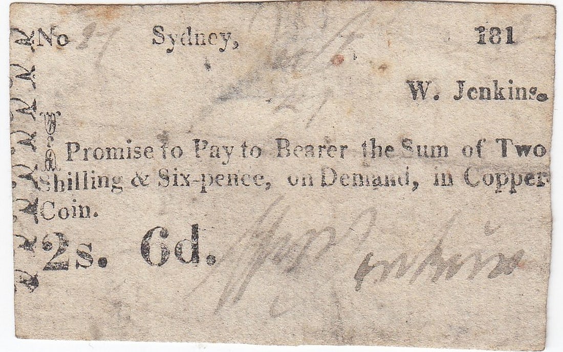 NEW SOUTH WALES (AUSTRALIA) 181(2) W JENKINS. TWO SHILLING & SIX-PENCE PROMISSORY NOTE, A EF DETAILS: New South Wales (Australia) 181(2) W Jenkins. Two Shilling & Six-pence Promissory Note, a EF details