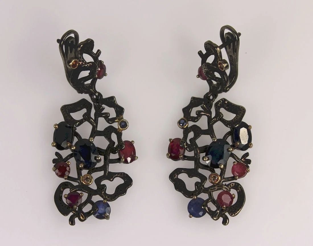 RHODIUM-PLATED STERLING (925) SILVER EARRINGS STUDDED WITH RUBIES & SAPPHIRES (PAIR): Rhodium-plated Sterling (925) Silver Earrings studded with Rubies & Sapphires (Pair)