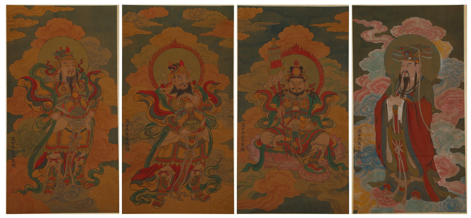 A SET OF FOUR HEAVENLY KINGS PAINTINGS ON SILK BY WU DAOZI.吳道子: Set of Four Heavenly Kings Paintings on Silk by Wu Daozi.吳道子