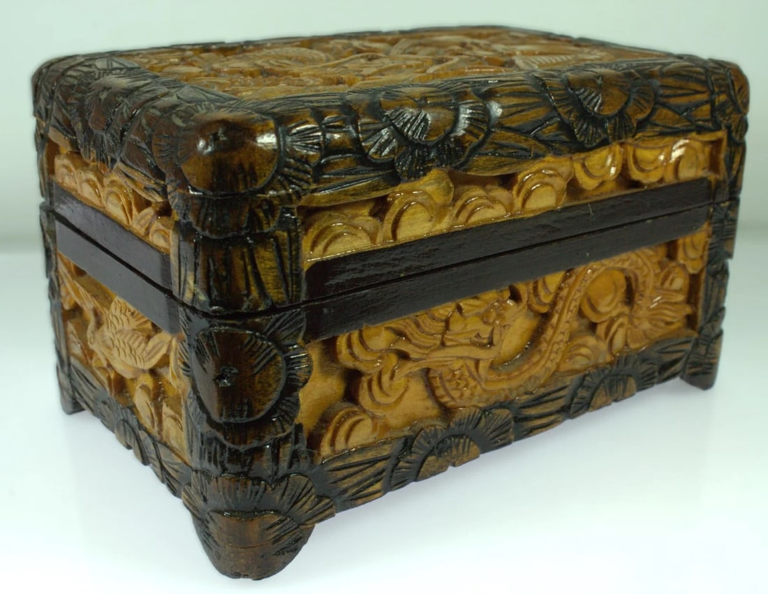 INTRICATELY CARVED CHINESE WOODEN BOX (1 of 3)