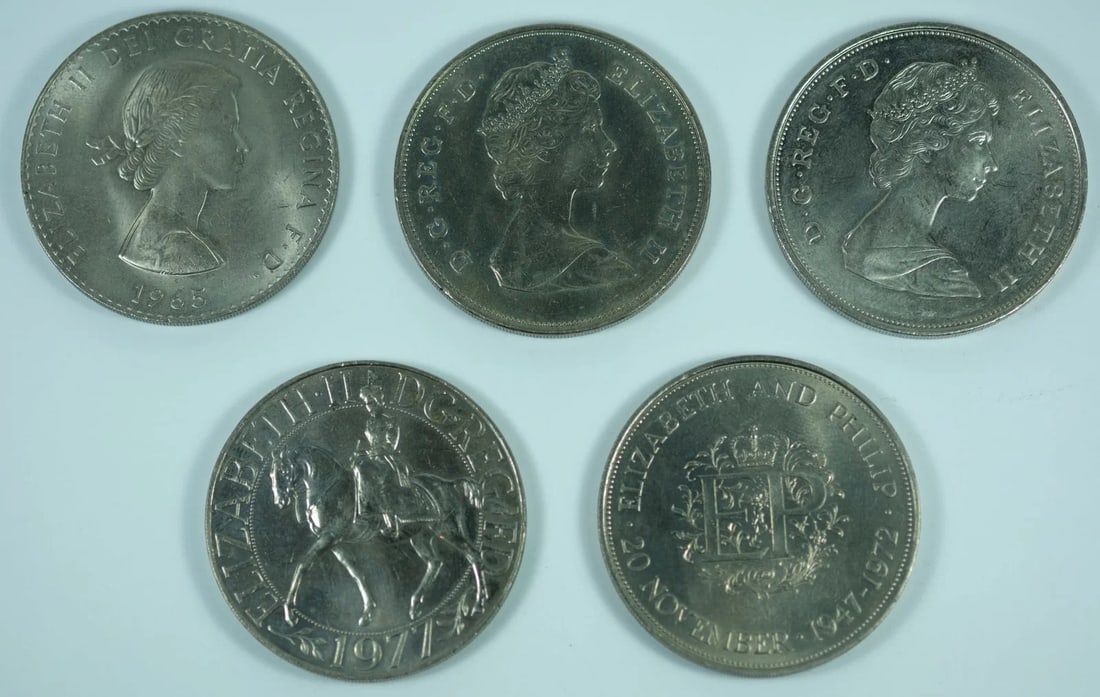 GREAT BRITAIN 1965, 1972, 1977, 1980 & 1981 COMMEMORATIVE CI NI CROWNS, UNCIRCULATED (5 COINS) (1 of 2)