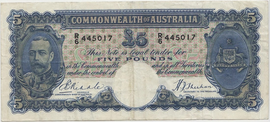 AUSTRALIA 'RIDDLE - SHEEHAN' PINK FACE ?5 (1933), VERY FINE WITH CRISP PAPER: Australia 'Riddle - Sheehan' Pink Face ?5 (1933), Very Fine with Crisp Paper