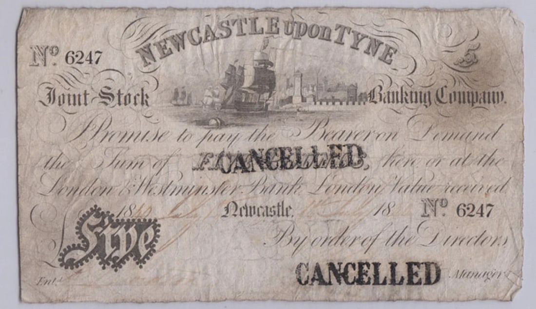 GREAT BRITAIN 18(40) NEWCASTLE UPON TYNE BANKING COMPANY ?5, FINE FOR ISSUE (1 of 2)