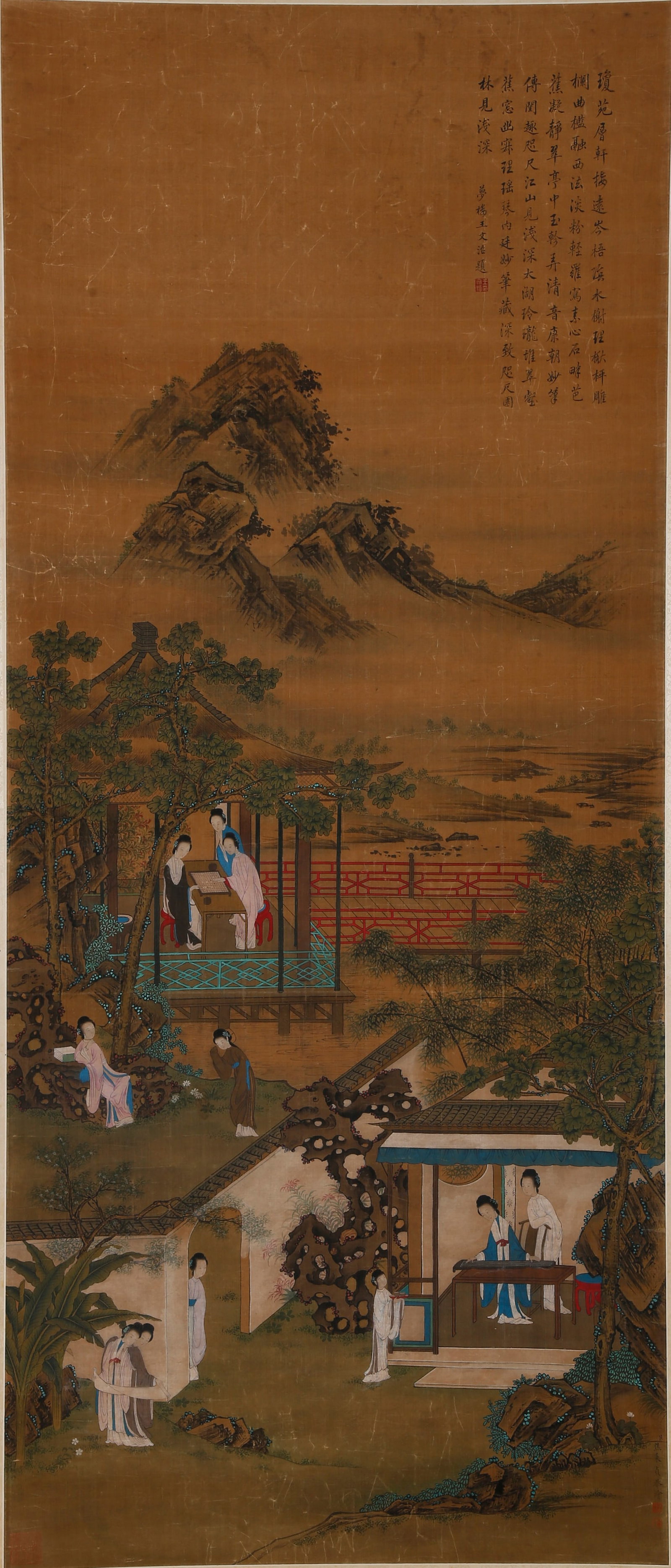 A LANDSCAPE AND FIGURE PAINTING ON SILK BY JIAO BINGZHEN.焦秉貞: Landscape and Figure Painting on Silk by Jiao Bingzhen.焦秉貞