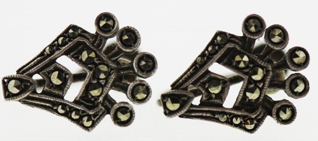 ART DECO-STYLE STERLING (925) SILVER MARCASITE SCREW-BACK EARRINGS (1 of 2)
