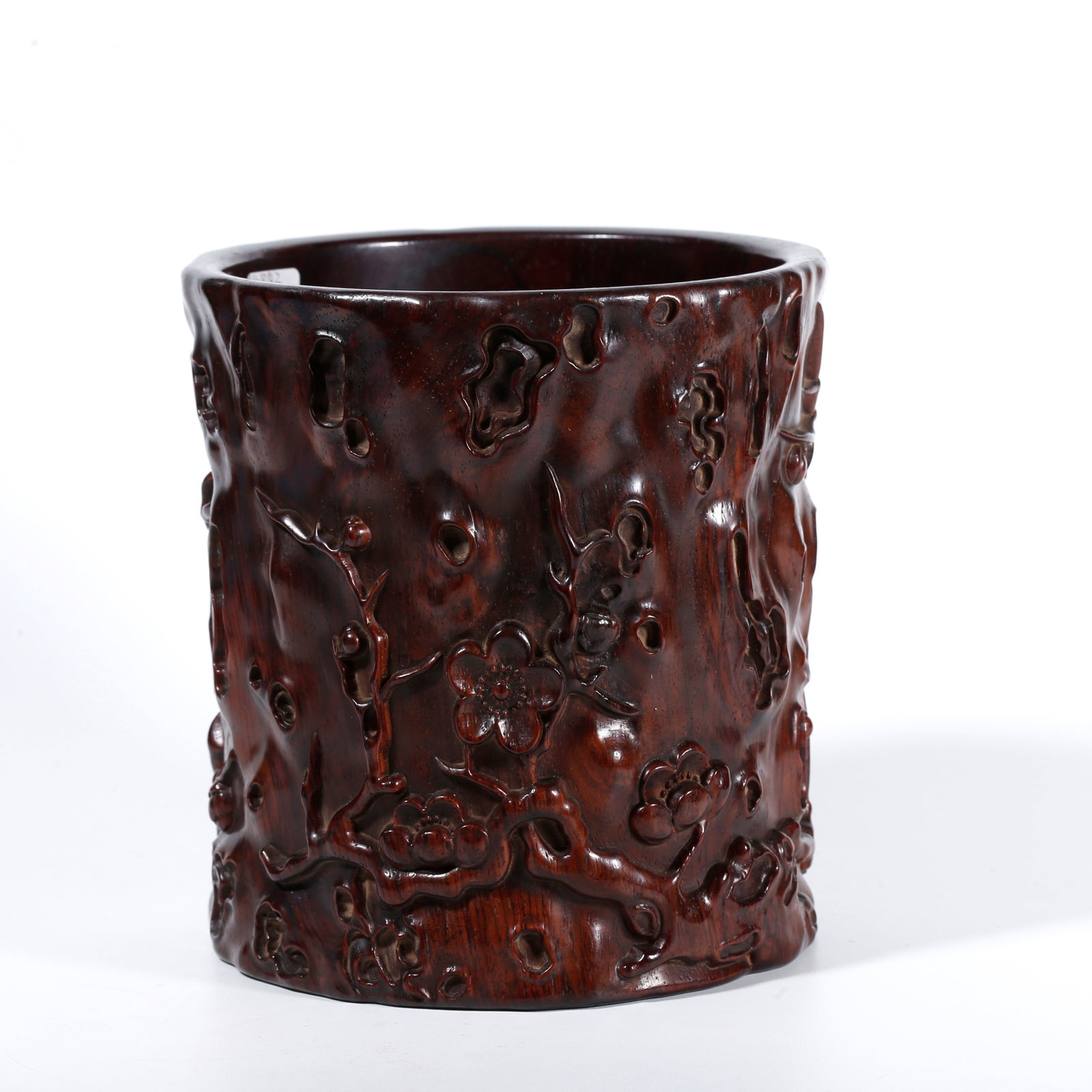 A BRUSH POT CARVED WITH PLUM BLOSSOM PATTERNS OF RED SANDALWOOD (1 of 9)