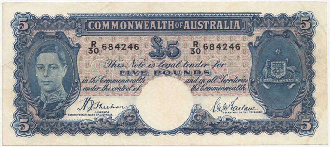 AUSTRALIA 'SHEEHAN - MCFARLANE' ?5 (1939), ABOUT EXTREMELY FINE (1 of 2)