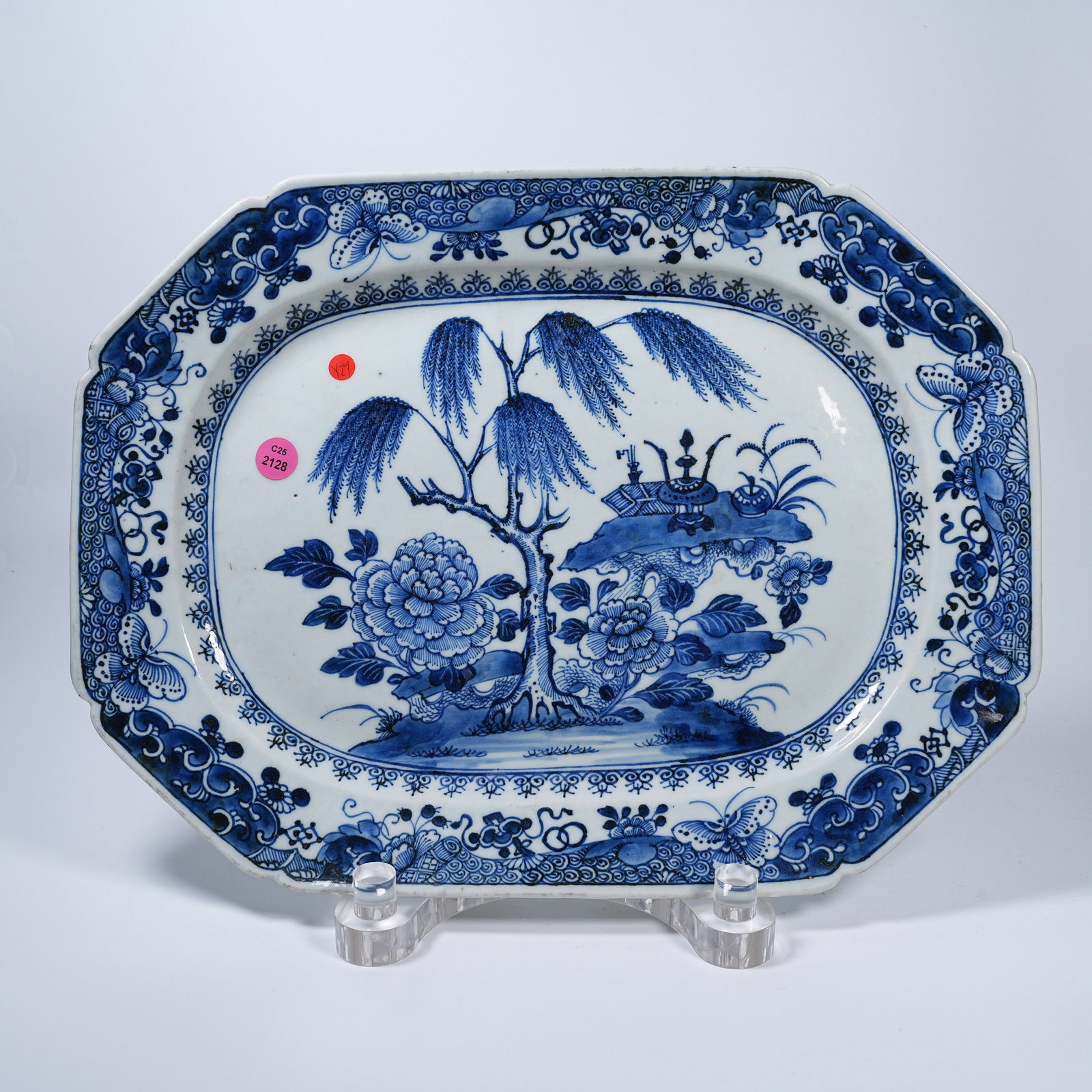 A BEGONIA SHAPED BLUE AND WHITE PLATE WITH FLORAL PATTERNS (1 of 7)