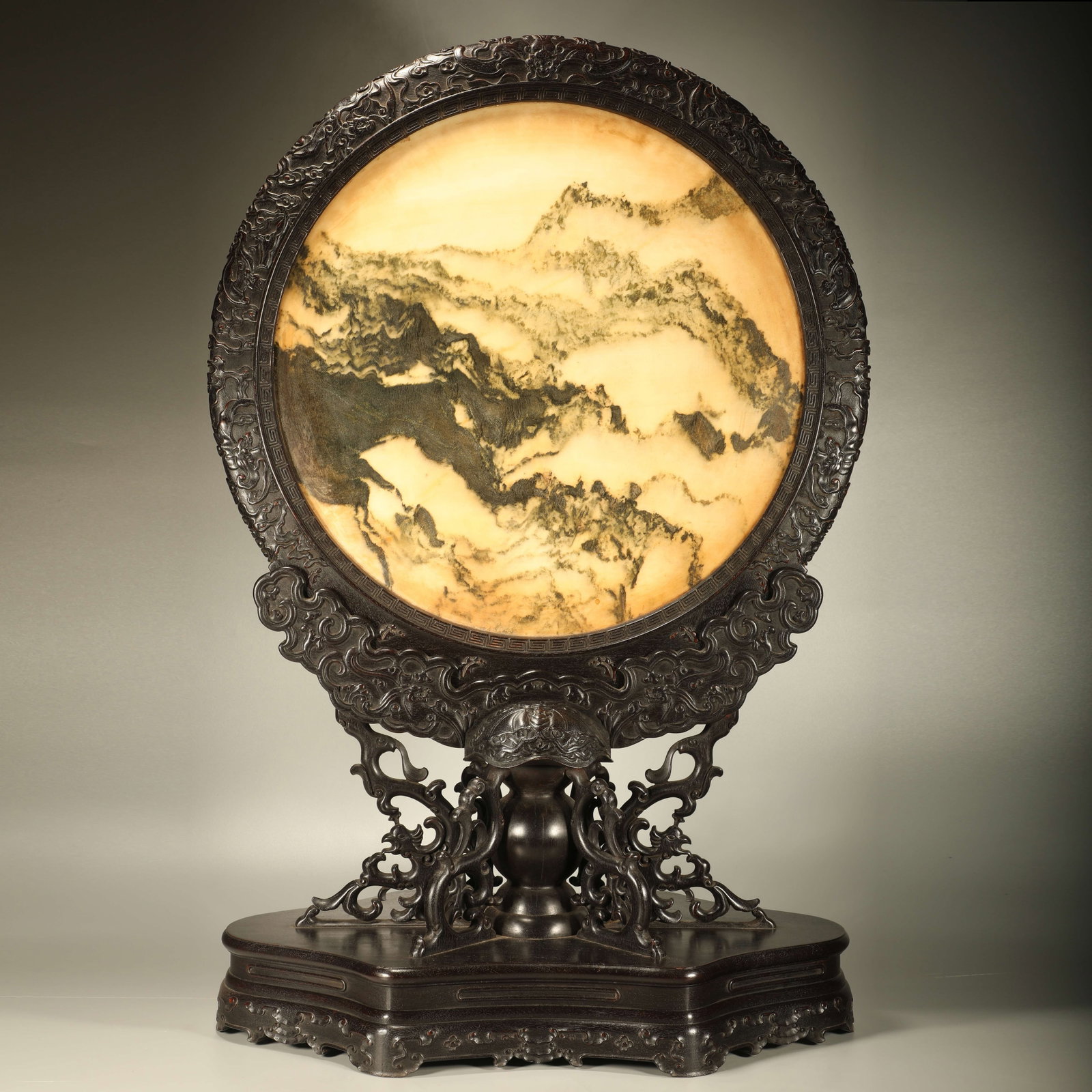 A RED SANDALWOOD TABLE SCREEN CARVED WITH CLOUD AND BLESSING MOTIFS INLAID WITH CLOUD MARBLE (1 of 7)