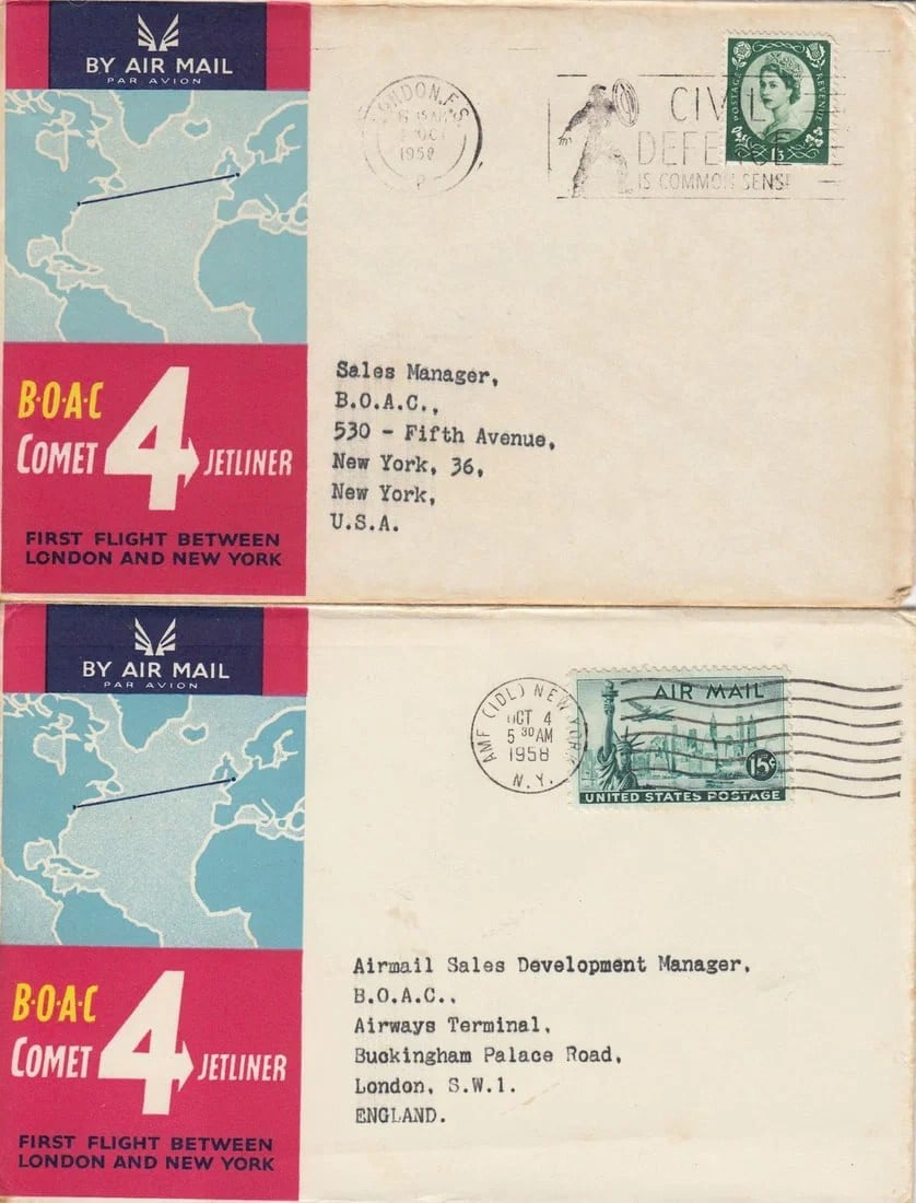 GB/USA COMMEMORATIVE ENVELOPES FOR FIRST B.O.A.C. FLIGHT BETWEEN LONDON & NEW YORK' IN 1958: GB/USA Commemorative Envelopes for First B.O.A.C. Flight between London & New York' in 1958