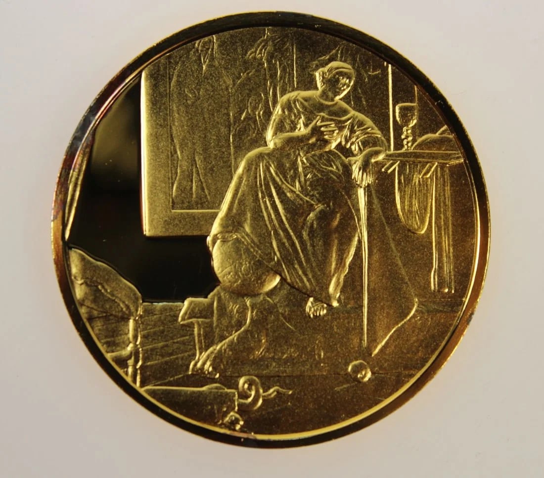 VERMEER 'ALLEGORIE OP HET GELOOF' MEDALLION IN GILT STERLING (925) SILVER, NEAR FDC: Vermeer 'Allegorie op het geloof' Medallion in Gilt Sterling (925) Silver, near FDC