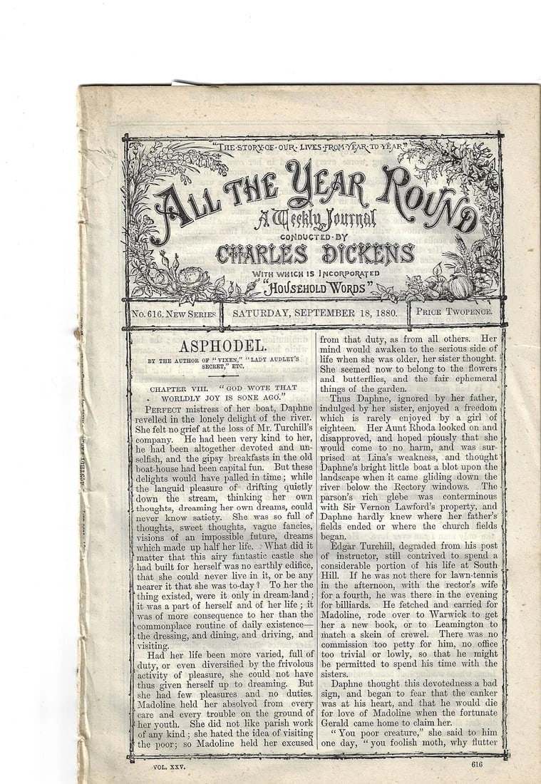 GREAT BRITAIN 'ALL THE YEAR ROUND' SATURDAY SEPTEMBER 18, 1880. NO. 616, EXTREMELY FINE: Great Britain 'All the Year Round' Saturday September 18, 1880. No. 616, Extremely Fine