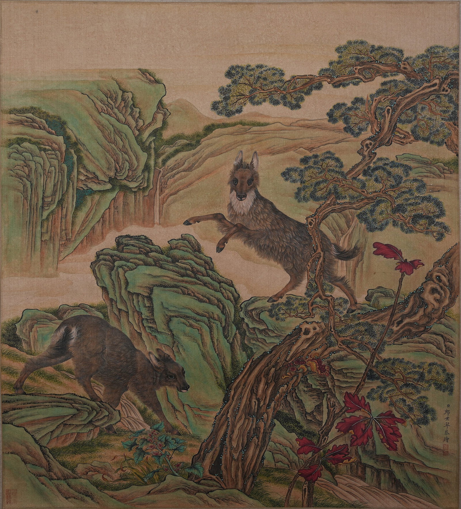 A AUSPICIOUS BEAST PAINTING ON SILK UNMOUNTED BY GIUSEPPE CASTIGLIONE.郎世寧: Auspicious Beast Painting on Silk Unmounted by Giuseppe Castiglione.郎世寧