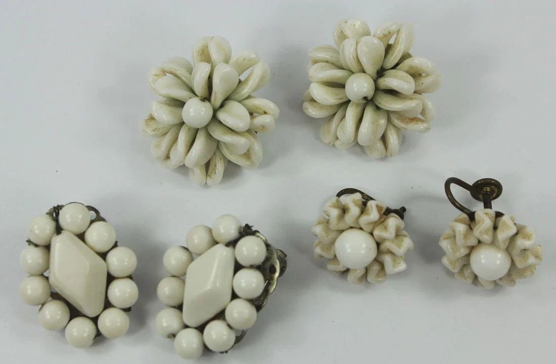 VINTAGE WHITE COSTUME EARRINGS (3 PAIRS) (1 of 2)