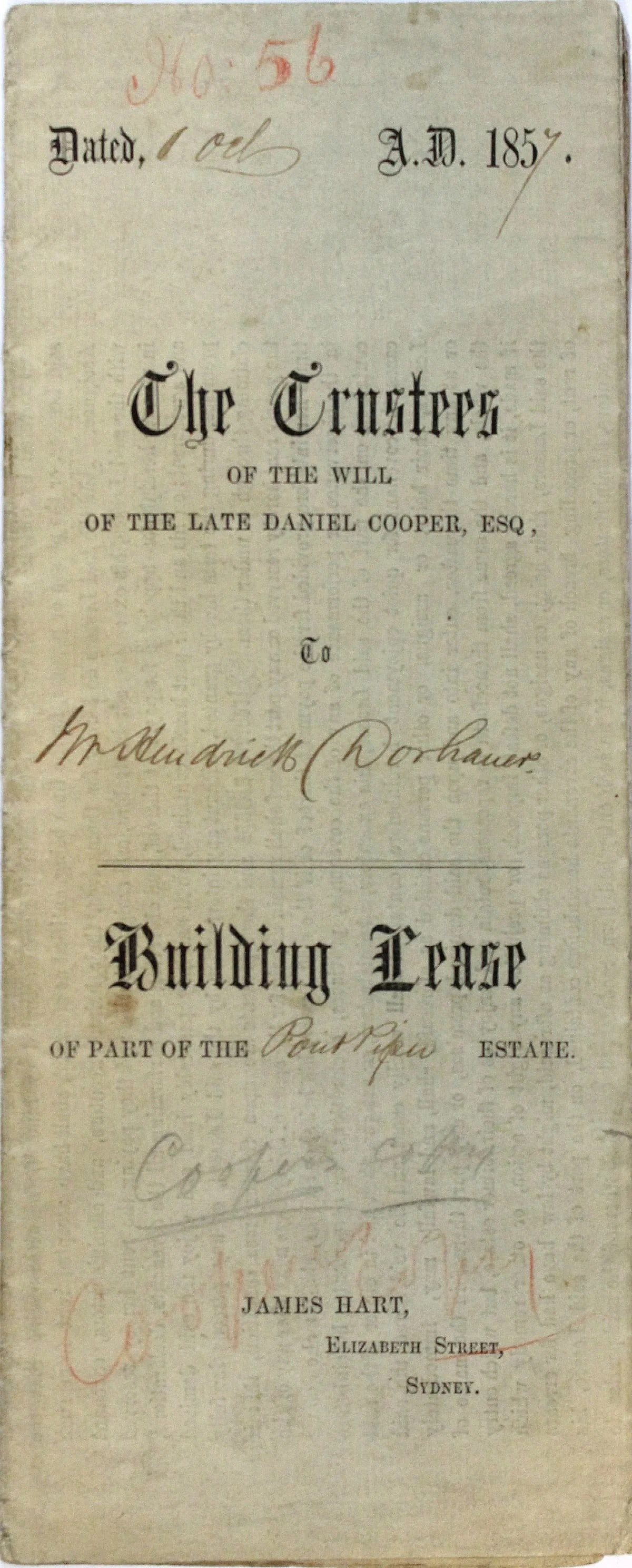 AUSTRALIA, NEW SOUTH WALES. POINT PIPER ESTATE BUILDING LEASE DATED 1 OCT, 1857 (1 of 3)