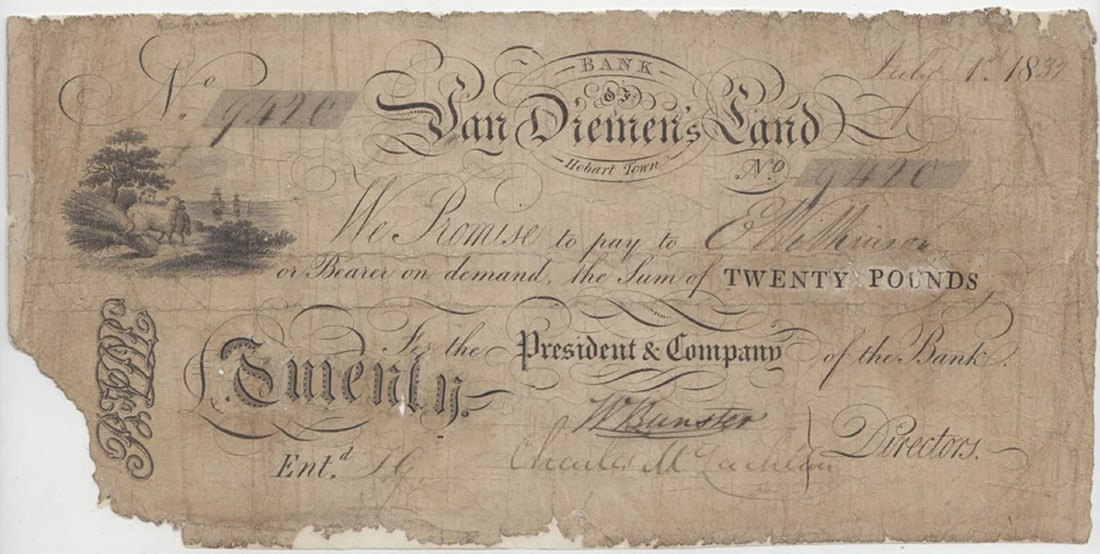 AUSTRALIA 'BANK OF VAN DIEMEN'S LAND' DATED JULY 1ST 1832 ?20 SKILFULLY ALTERED FROM A ?1, (1 of 2)