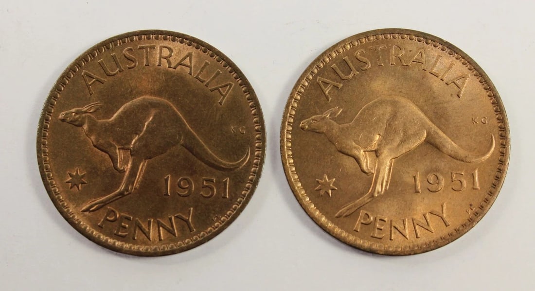AUSTRALIA 1951 PL PENNIES, CHOICE UNCIRCULATED (2 COINS): Australia 1951 PL Pennies, Choice Uncirculated (2 coins)