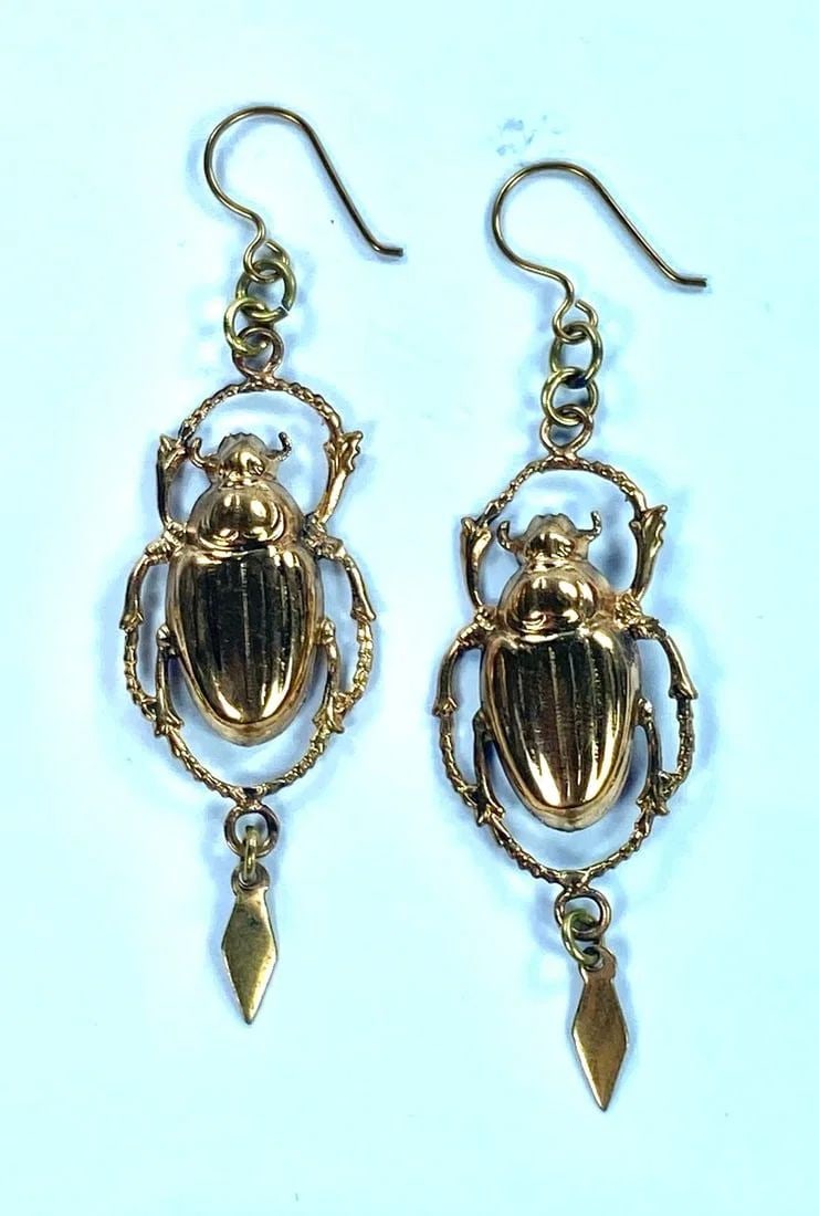BRONZE SCARAB DROP EARRINGS (PAIR): Bronze Scarab Drop Earrings (Pair)