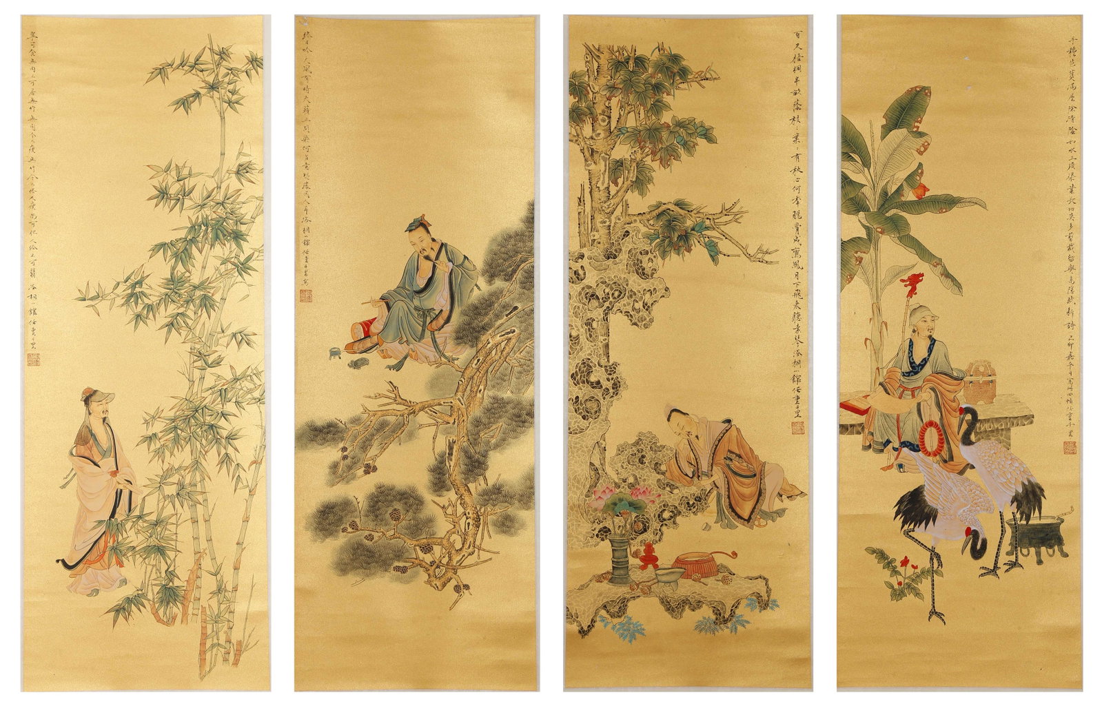 A SET OF FOUR SCHOLAR PAINTINGS ON PAPER BY REN ZHONG.任重: Set of Four Scholar Paintings on Paper by Ren Zhong.任重