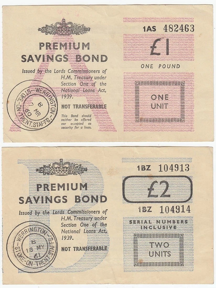 GREAT BRITAIN. ?1 & ?2 PREMIUM SAVINGS BOND, EXTREMELY FINE (2 ITEMS) (1 of 2)
