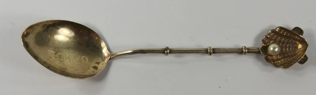 JAPANESE STERLING (925) SILVER TEASPOON WITH ORNAMENTAL PEARL ON HANDLE (1 of 5)