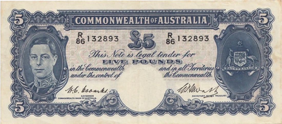 AUSTRALIA 'COOMBS - WATT' ?5 (1949), ABOUT EXTREMELY FINE OPQ (1 of 2)