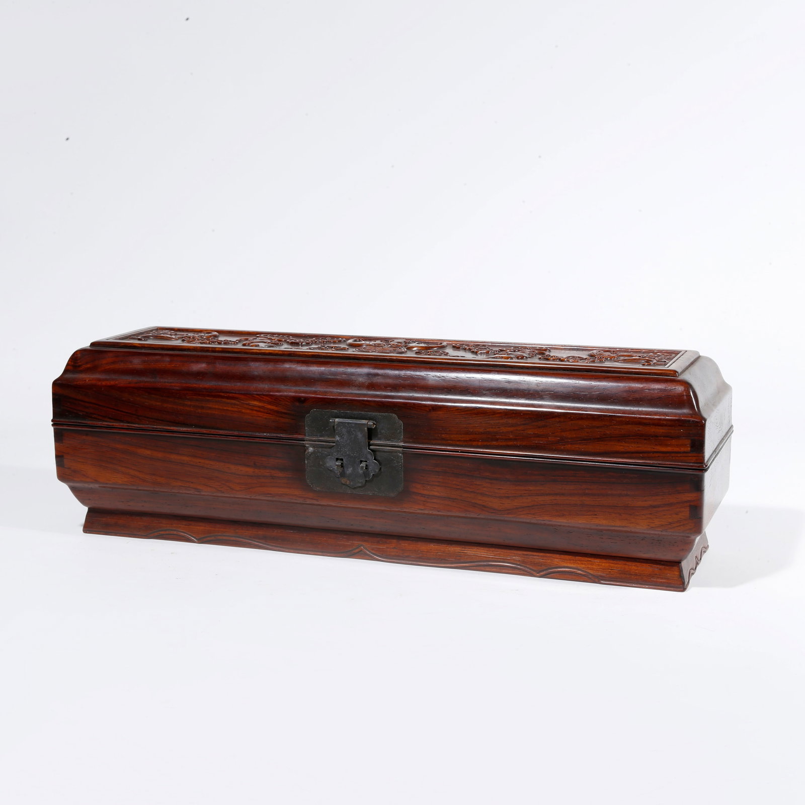 A RED SANDALWOOD CARVED COVERED BOX WITH FIVE BLESSINGS EMBRACING LONGEVITY PATTERN (1 of 9)