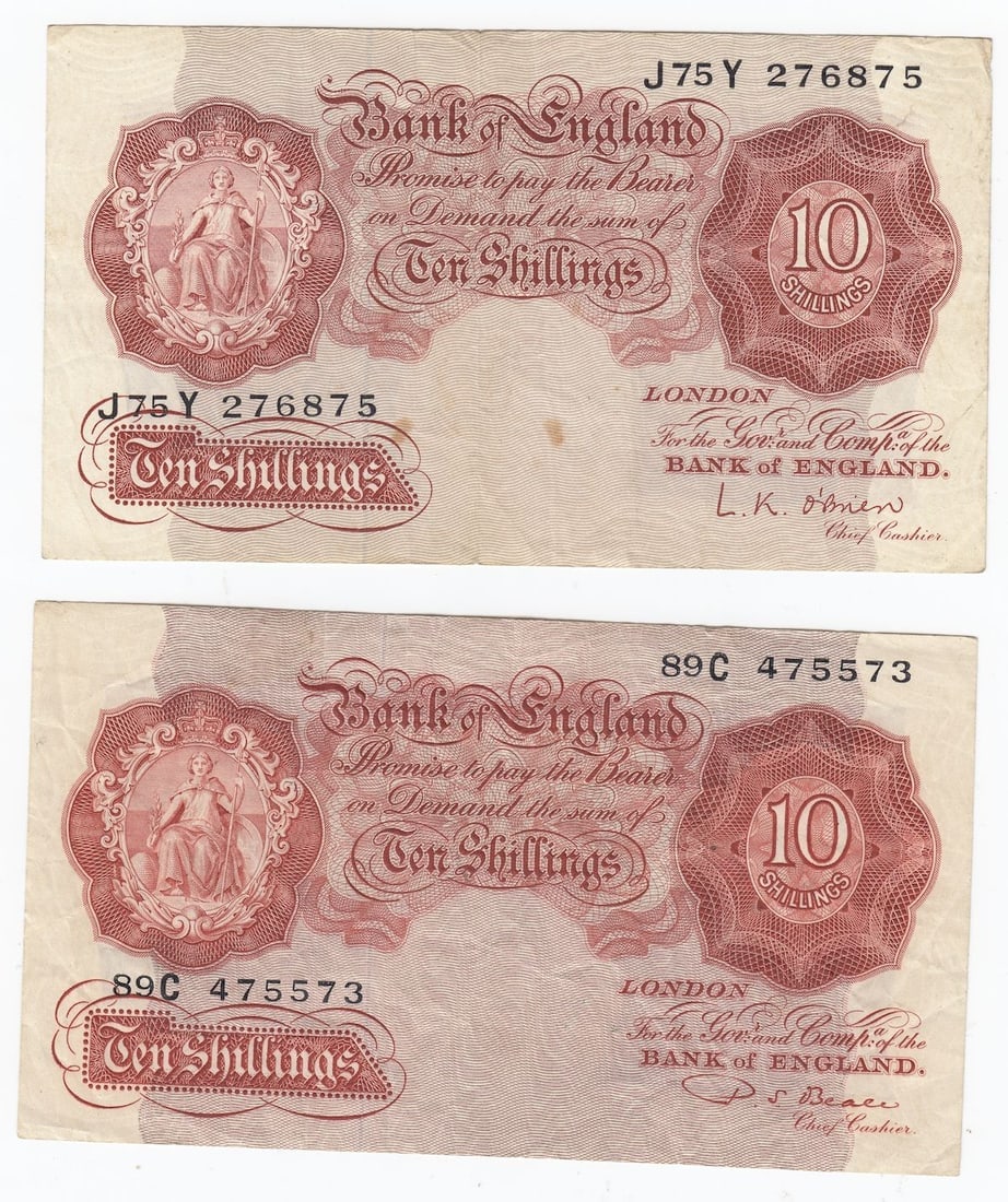 GREAT BRITAIN 'BEALE' 10/- (1949-55) & 'O'BRIEN' 10/- (1955-60), VERY FINE (2 NOTES): Great Britain 'Beale' 10/- (1949-55) & 'O'Brien' 10/- (1955-60), Very Fine (2 notes)