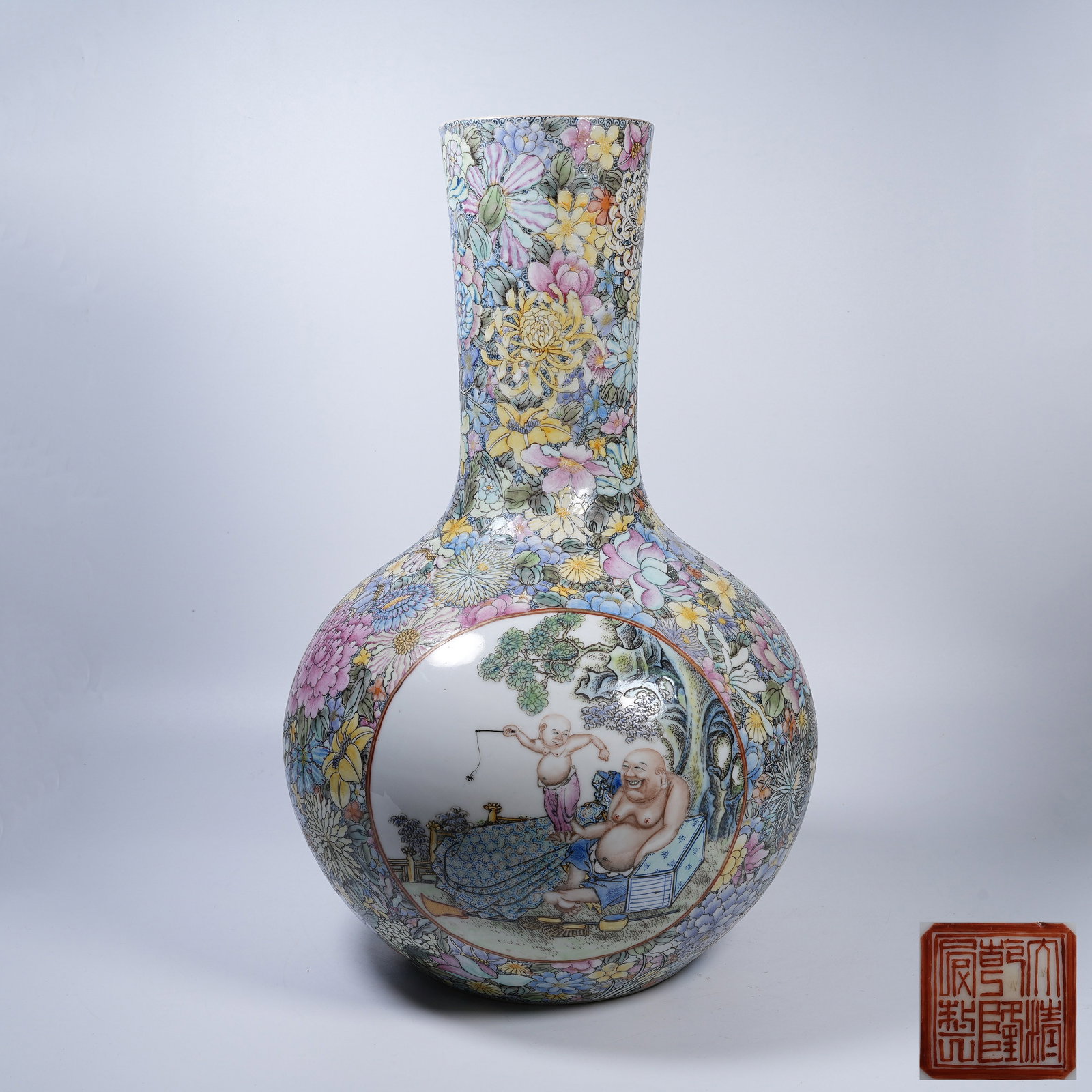 A FAMILLE ROSE CELESTIAL SPHERE VASE WITH SCHOLAR UNDER PINE SCENE (1 of 9)