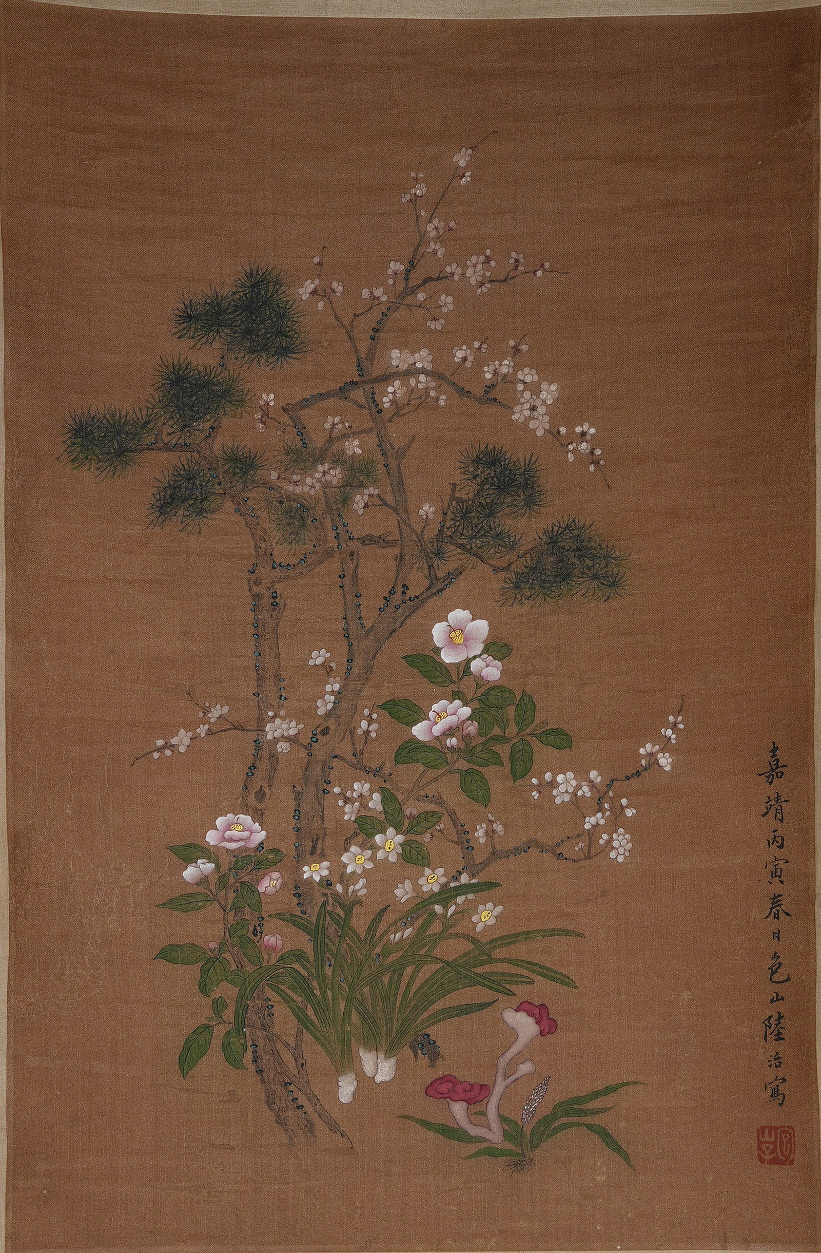 A IMMORTAL CRANES AND PEACH SYMBOLIZING LONGEVITY PAINTING ON SILK BY LU ZHI.陸治: Immortal Cranes and Peach Symbolizing Longevity Painting on Silk by Lu Zhi.陸治