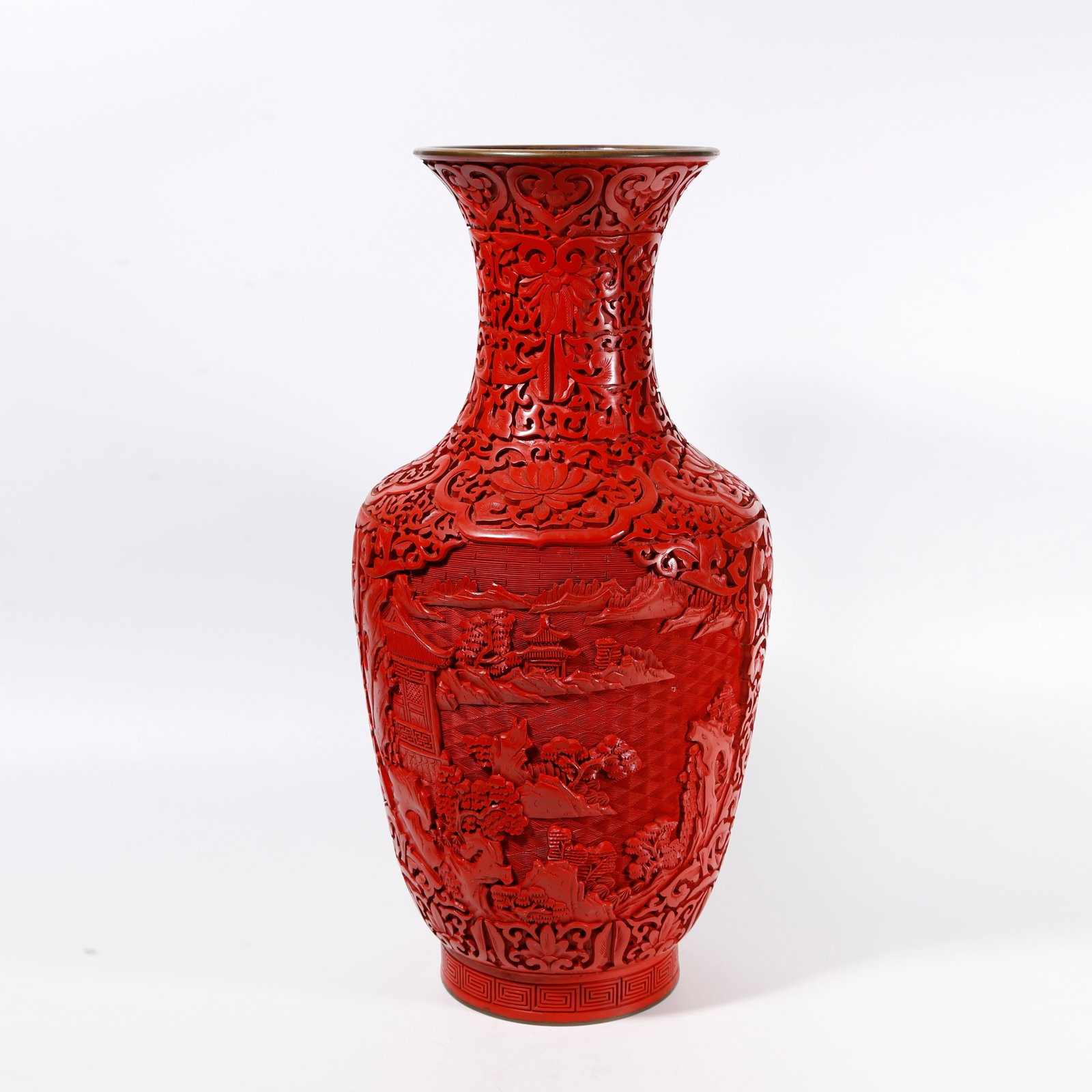 A CARVED RED LACQUER DECORATIVE VASE WITH LANDSCAPE PATTERNS (1 of 9)