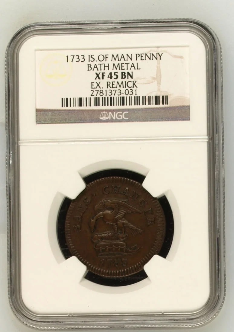 ISLE OF MAN 1733 'BATH METAL' PENNY W FROSTED CAP, NGC XF45 BN (1): Isle of Man 1733 'Bath Metal' Penny w Frosted Cap, NGC XF45 BN (1)