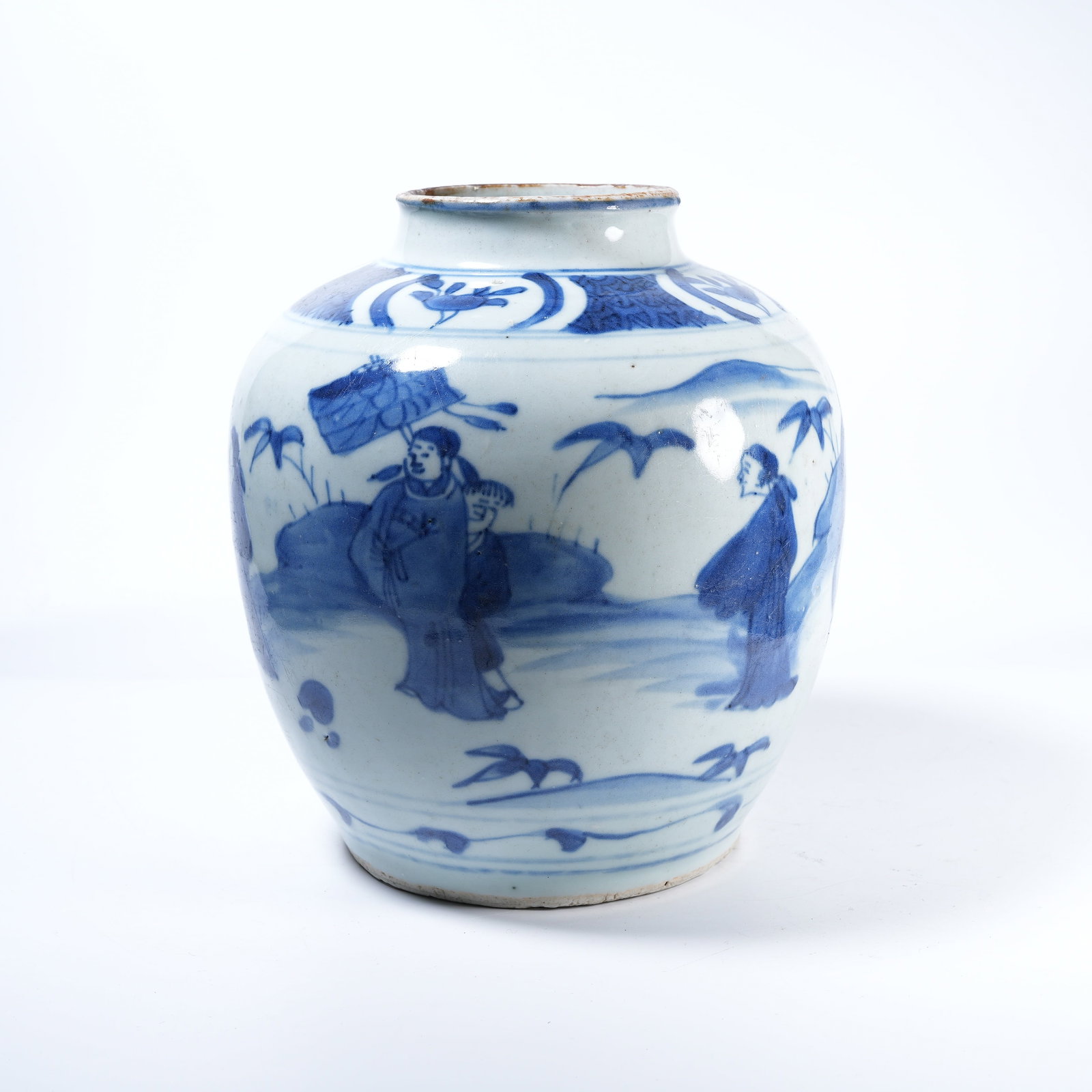 A BLUE AND WHITE JAR WITH NARRATIVE FIGURE PATTERNS: Blue and White Jar with Narrative Figure Patterns