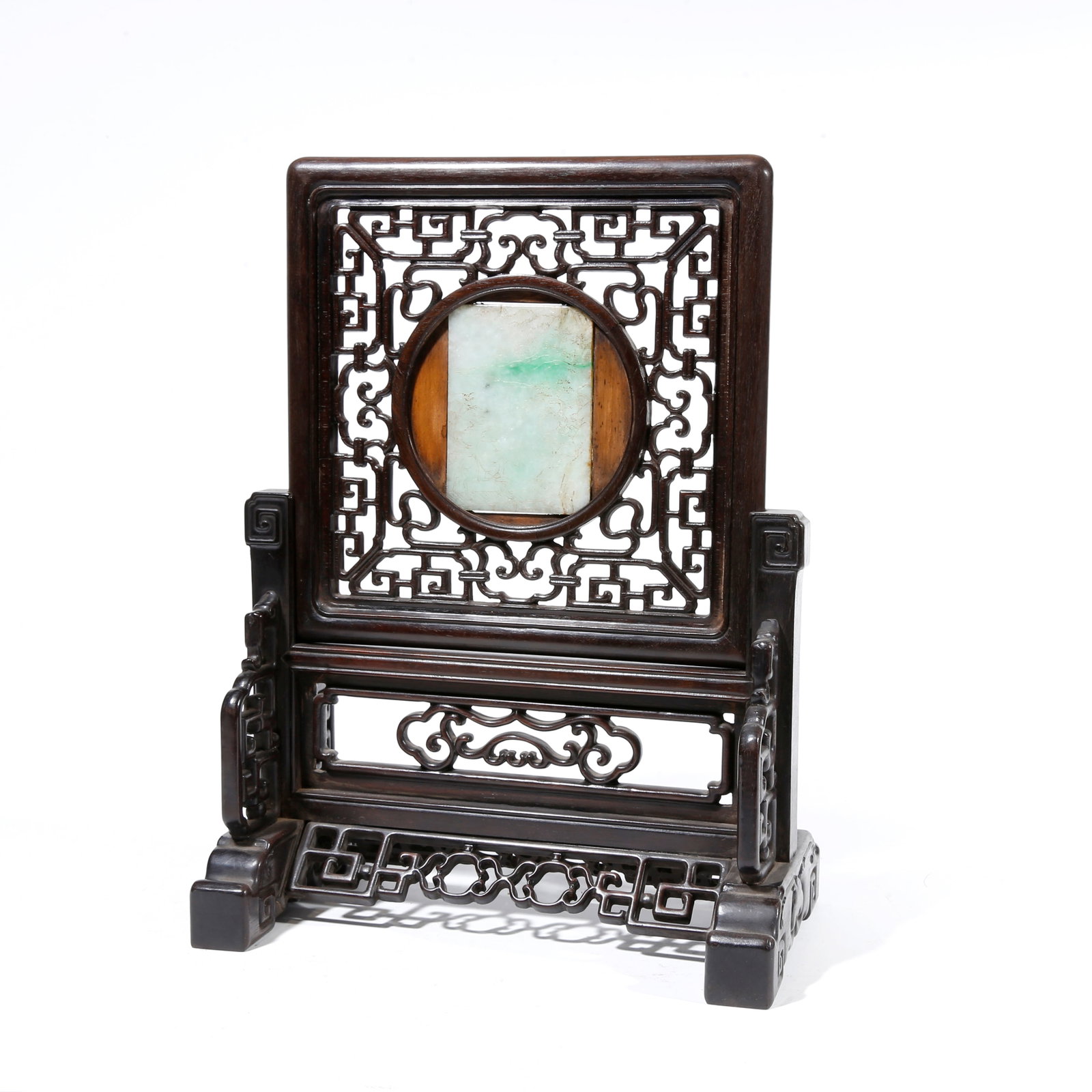 A RED SANDALWOOD SCREEN INLAID WITH JADEITE CARVED LANDSCAPE AND FIGURE PATTERN: Red Sandalwood Screen Inlaid with Jadeite Carved Landscape and Figure Pattern