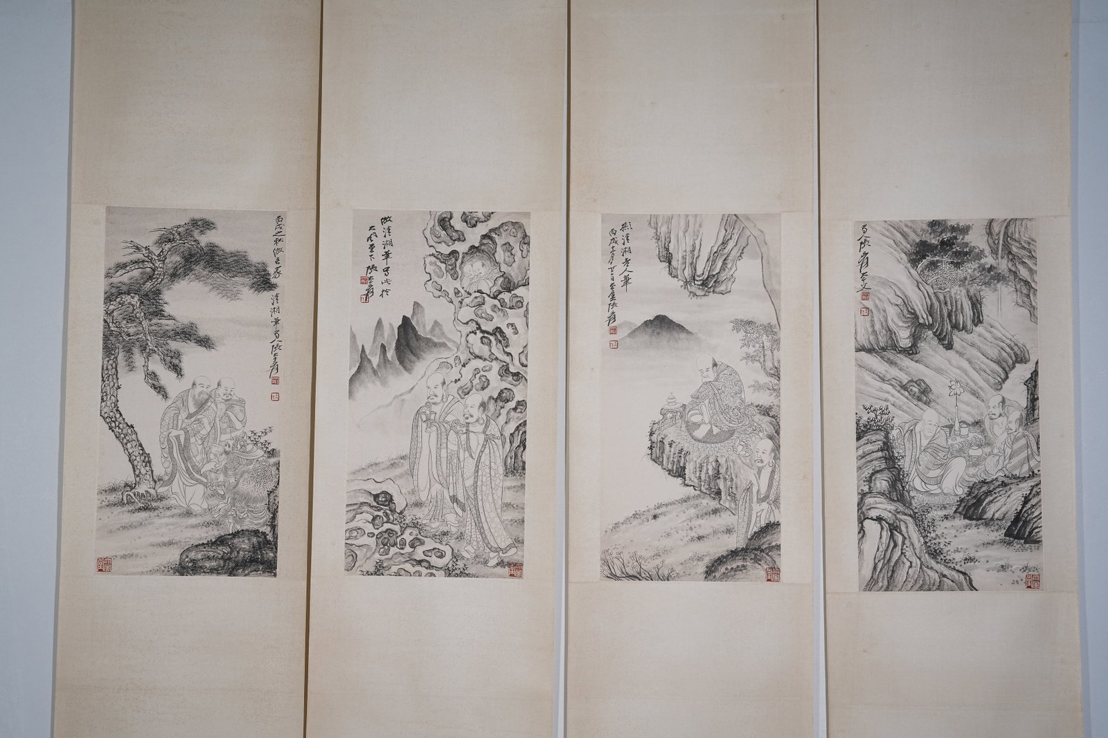 A ARHAT PAINTING ON PAPER FOUR-PANEL SCREEN BY ZHANG DAQIAN.張大千 (1 of 12)
