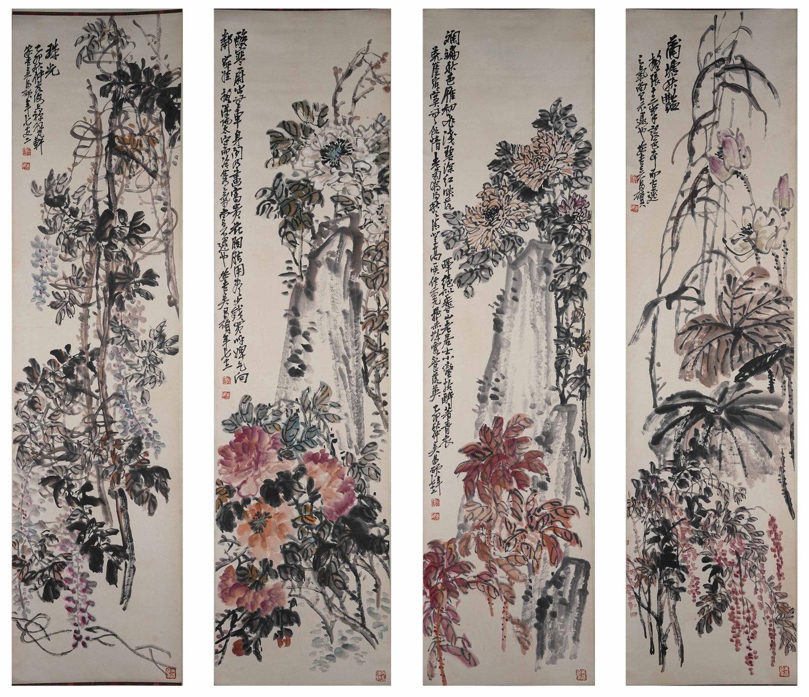 A GROUP OF FOUR SCREENS FLOWER PAINTING ON PAPER BY WU CHANGSHUO.吳昌碩: Group of Four Screens Flower Painting on Paper by Wu Changshuo.吳昌碩